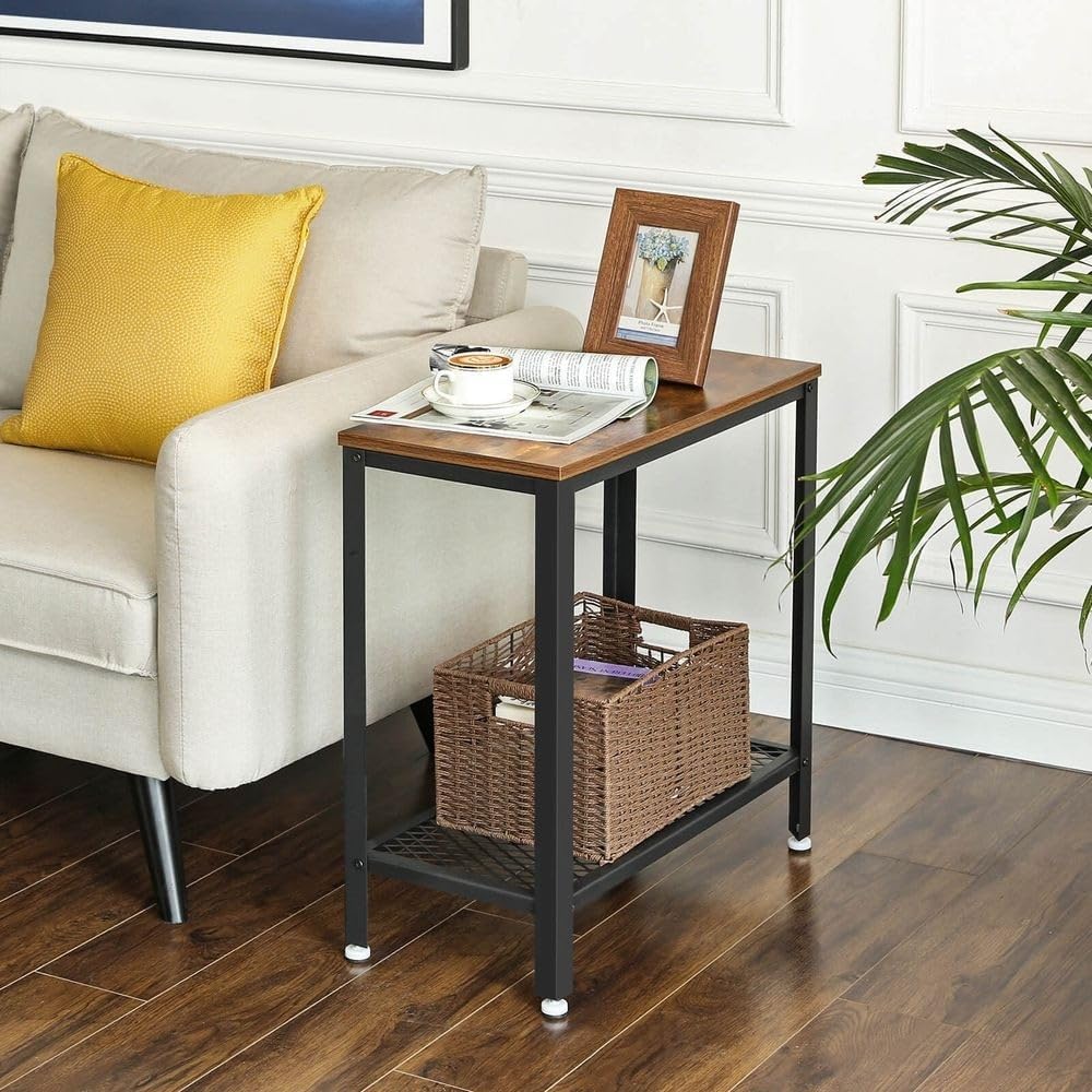 Industrial Rustic Brown Side Table with Mesh Shelf P6521