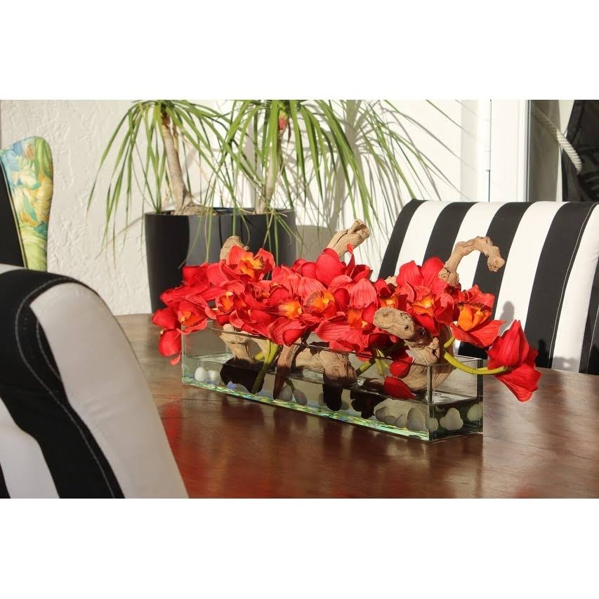 Cymbidium Orchids and Driftwood Centerpiece in Glass Planter Q301557