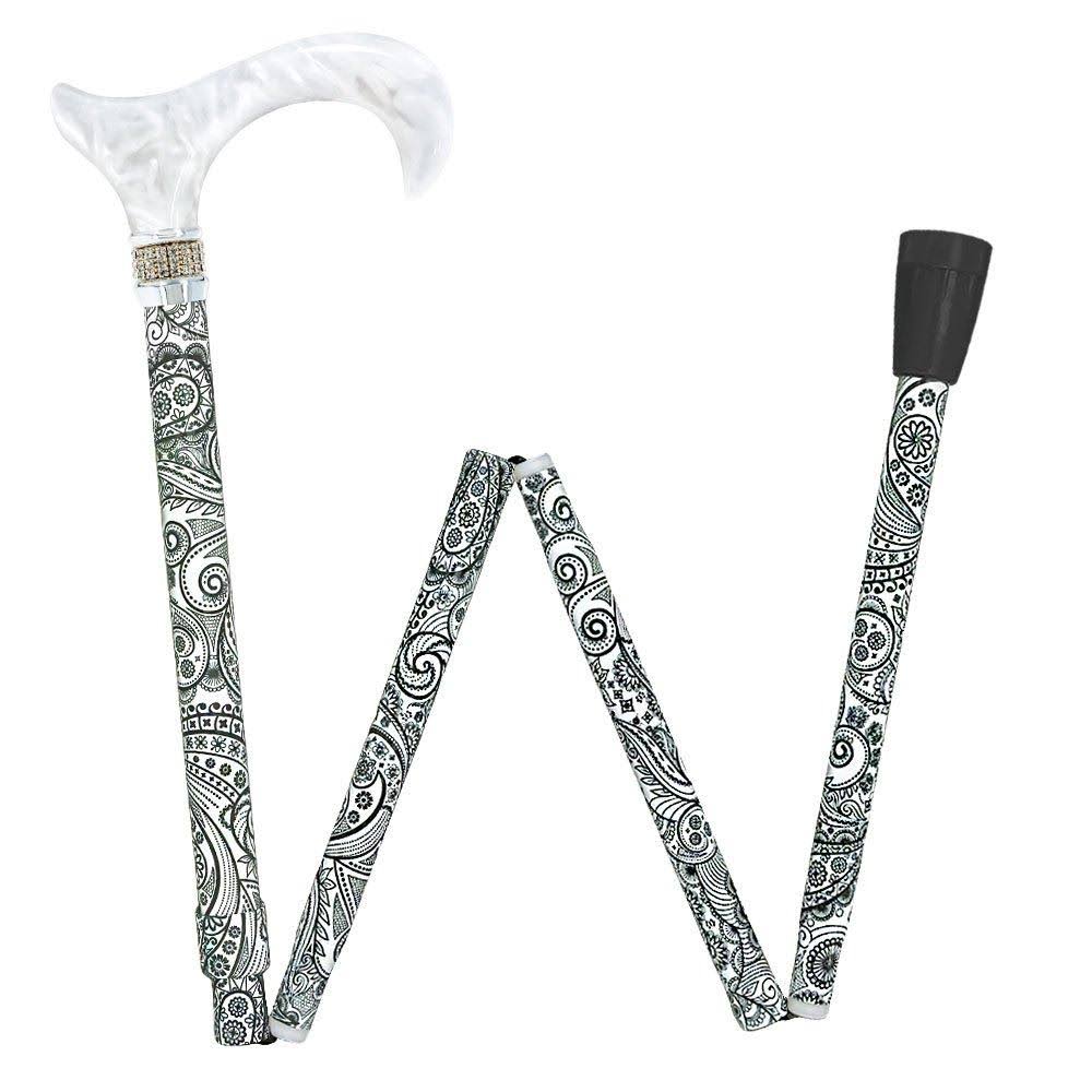 White Pearlz Rhinestone Collar Black Swirl Adjustable Folding Cane J99443