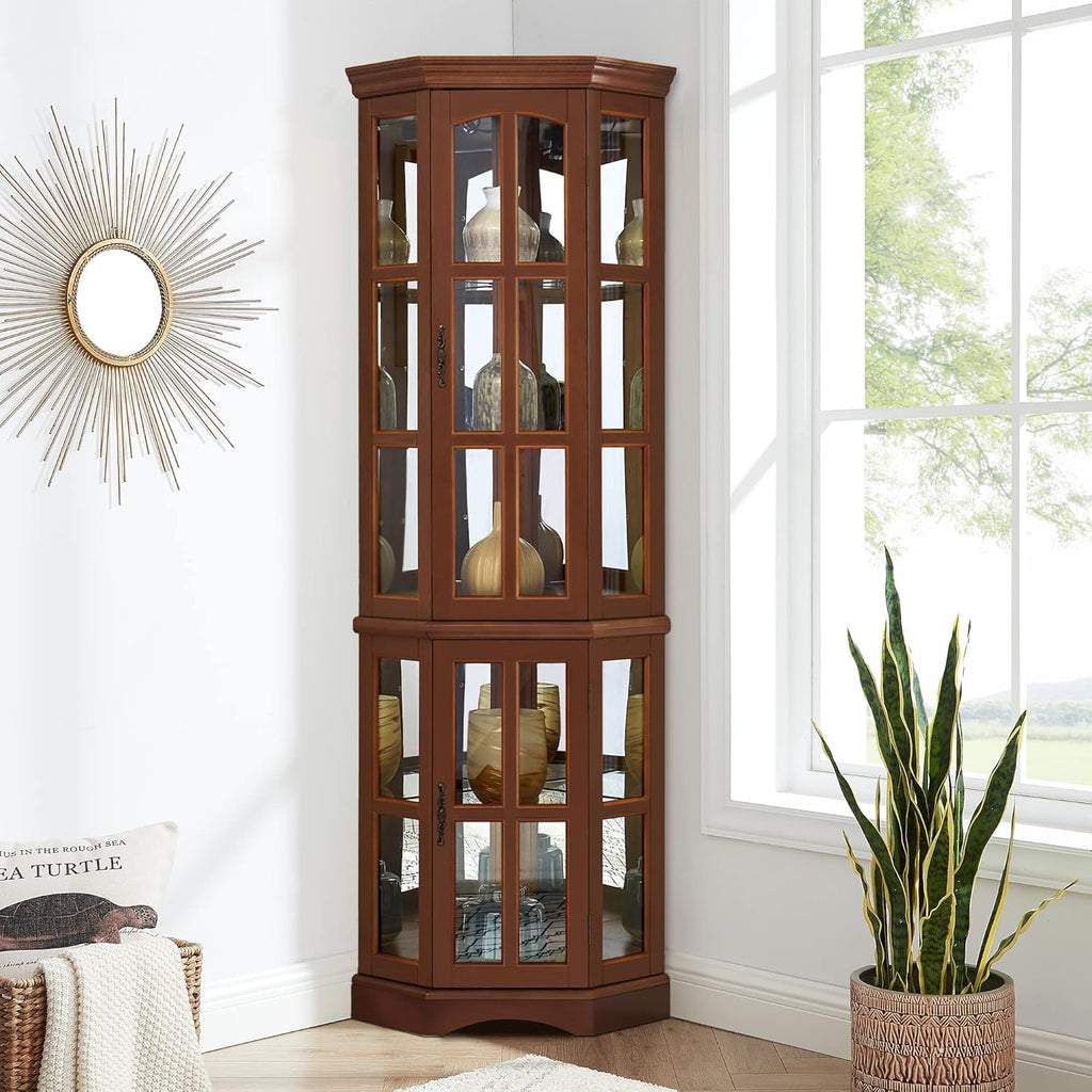 Walnut Corner Curio Cabinet with 5 Shelves and Lighting System C2176