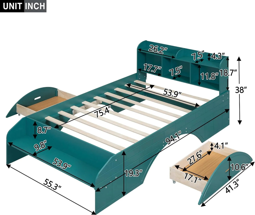 Wood Full Size Platform Bed with Bookcase Headboard and 2 Drawers D61094