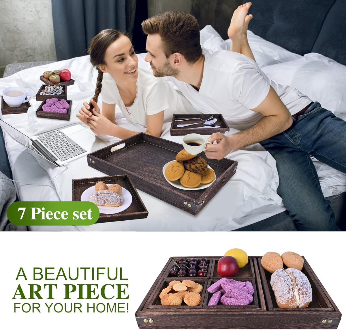 Set of 7 Rectangular Wooden Nesting Serving Trays with Handles G79651