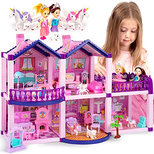 Pink and Purple Dollhouse with 4 Princesses, 4 Unicorns, Dog, Furniture and Accessories R492430