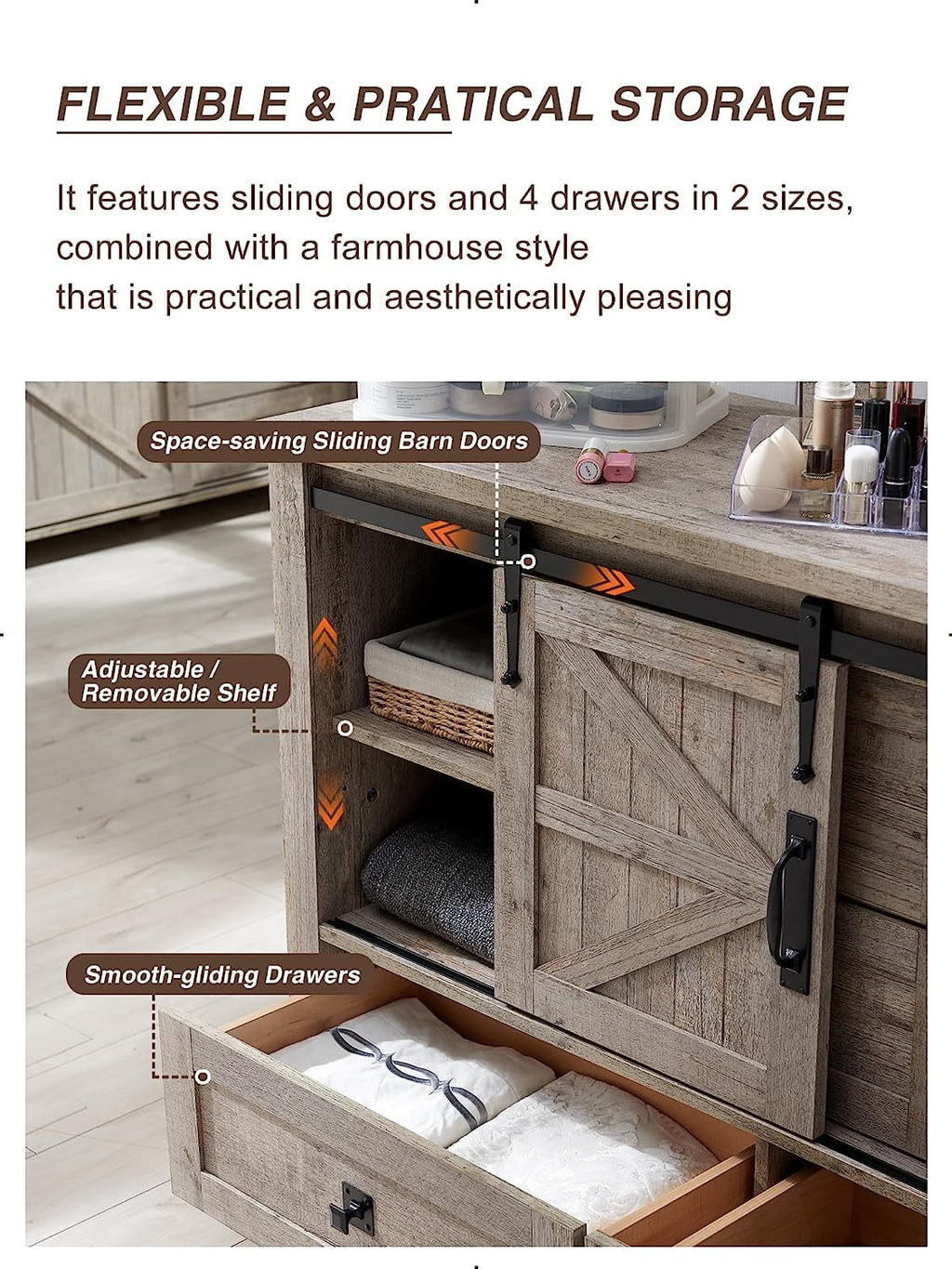 White 4 Drawer Dresser with Barn Door Q10450