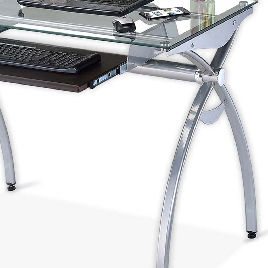 Glass Top Computer Desk with Keyboard Tray & Silver Legs O2607