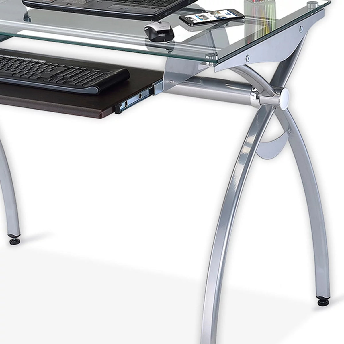 Glass Top Computer Desk with Keyboard Tray & Silver Legs O2607