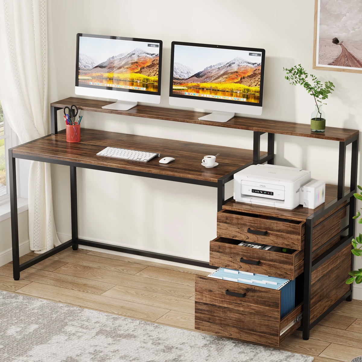 63 Inch Computer Desk with Monitor Stand and Drawers File Cabinet E519