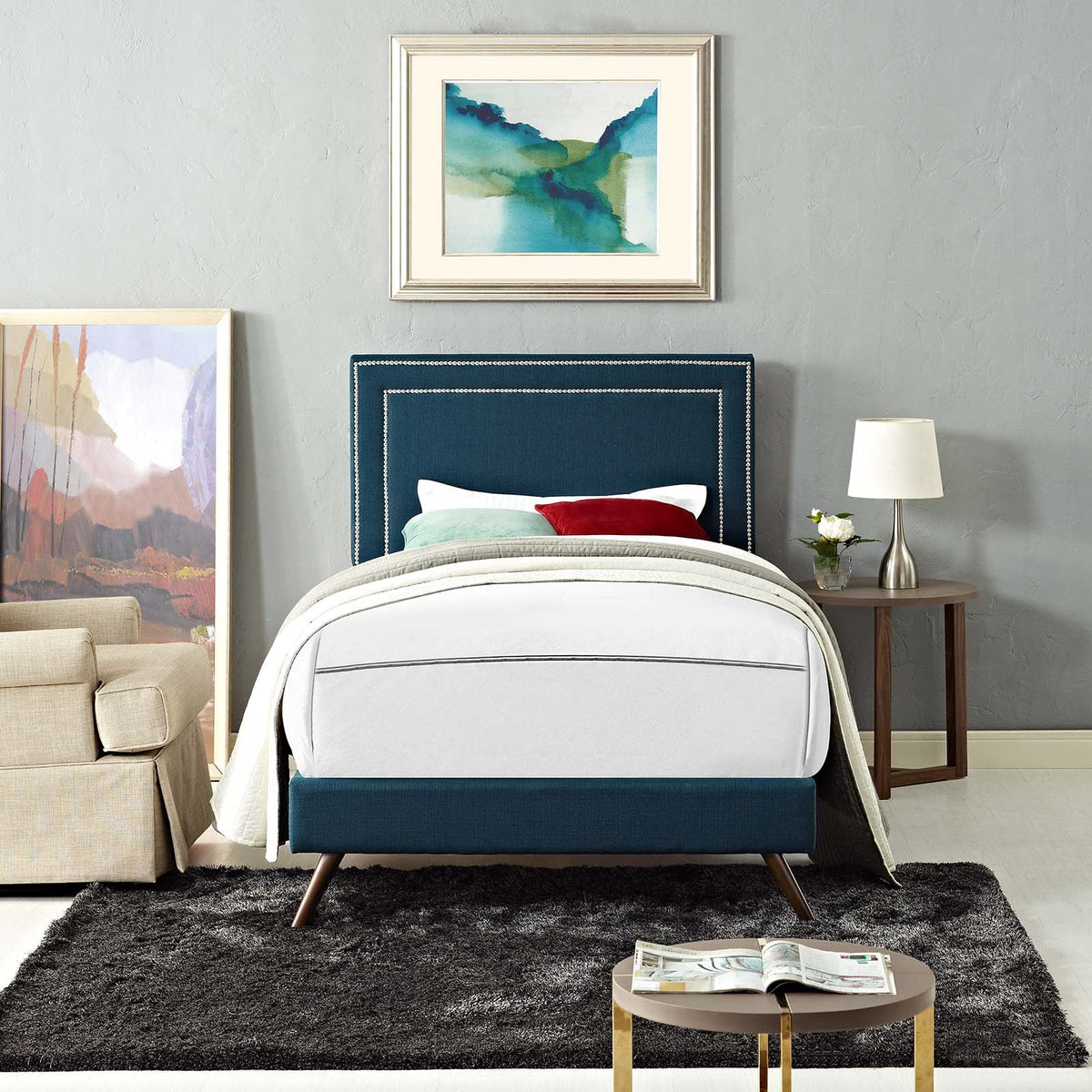 Twin Fabric Platform Bed with Round Splayed Legs in Azure S61030