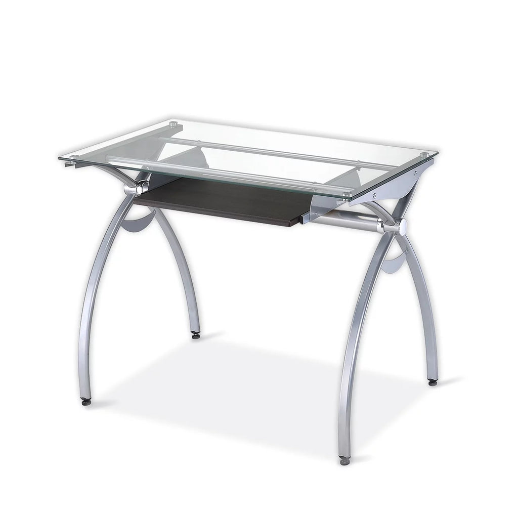 Glass Top Computer Desk with Keyboard Tray & Silver Legs O2607