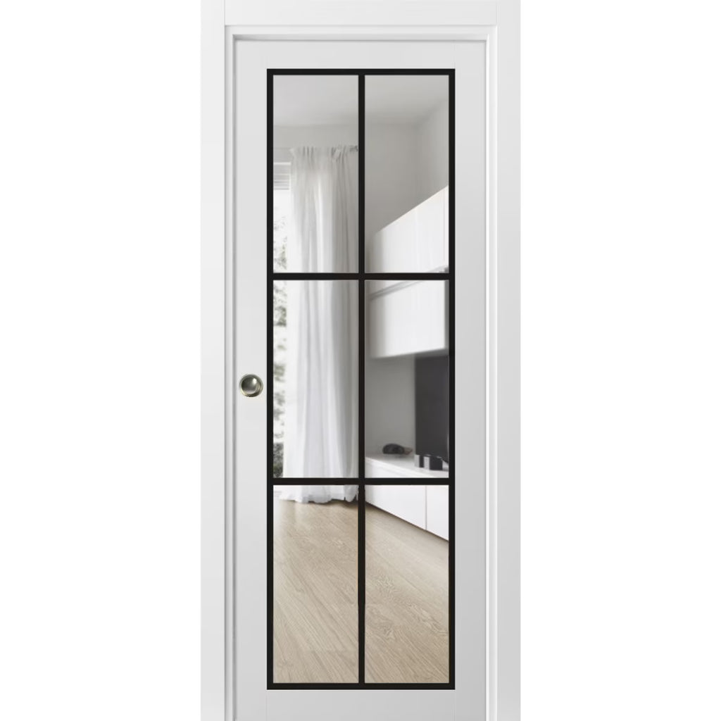 Solid Wood Interior Sliding French Pocket Door with Clear Glass P96119