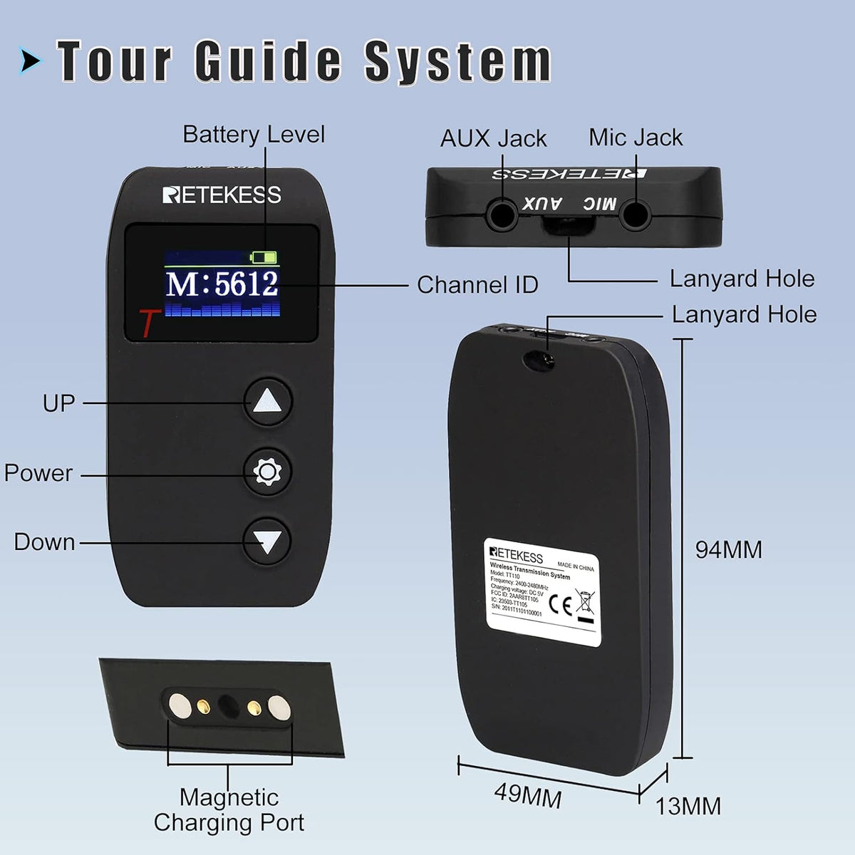 Wireless Tour Guide System with Magnetic Charging, 328ft Long Range, AUX MIC Dual Input I471
