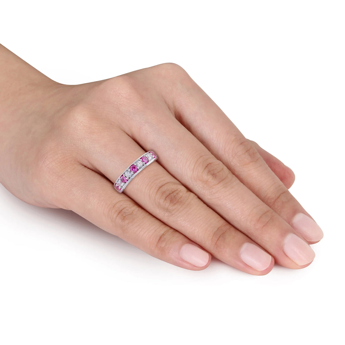 Sterling Silver Anniversary Band with Created White and Pink Sapphire F607532