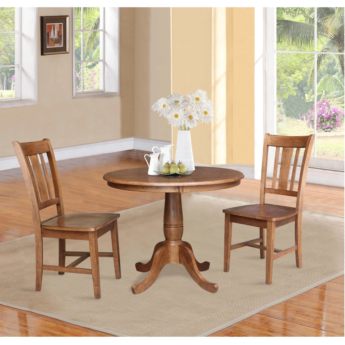 36" Solid Wood Round Pedestal Table with 2 Chairs I75387