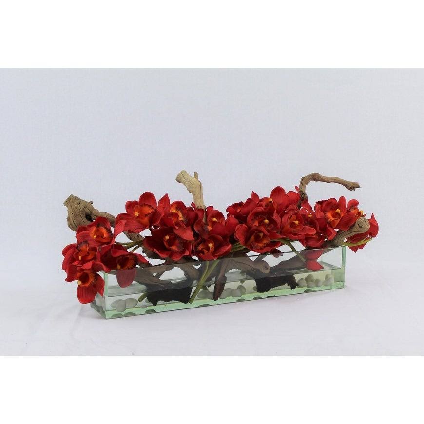 Cymbidium Orchids and Driftwood Centerpiece in Glass Planter Q301557