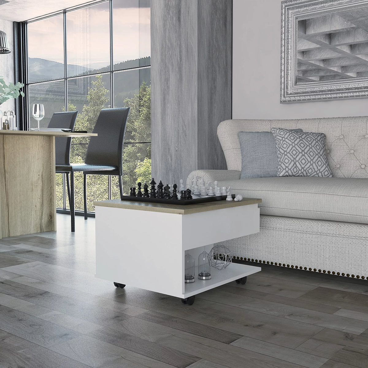 White Light Oak Lift Top Coffee Table with Casters and One Shelf J3995
