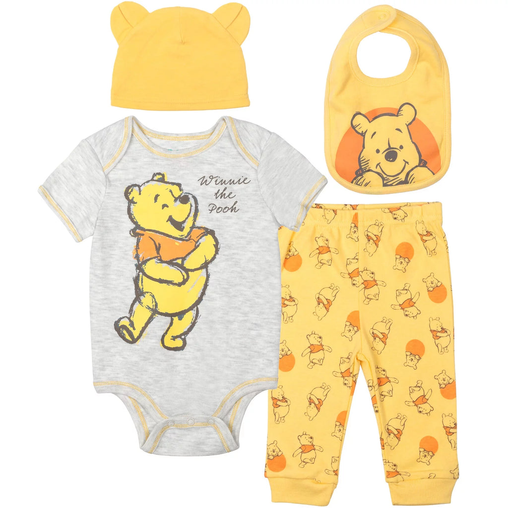 Newborn Baby Boys Bodysuit Pants Bib and Hat 4 Piece Outfit Set A647