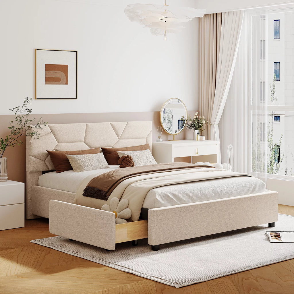 Beige Queen Linen Fabric Upholstered Storage Bed Frame with 4 Drawers C38533