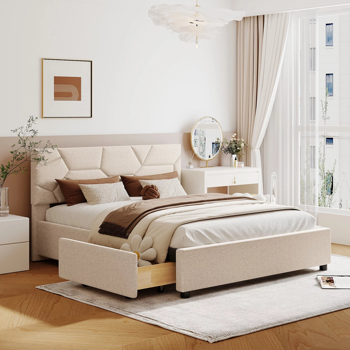 Beige Queen Linen Fabric Upholstered Storage Bed Frame with 4 Drawers C38533