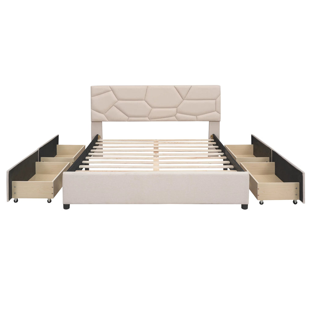 Beige Queen Linen Fabric Upholstered Storage Bed Frame with 4 Drawers C38533