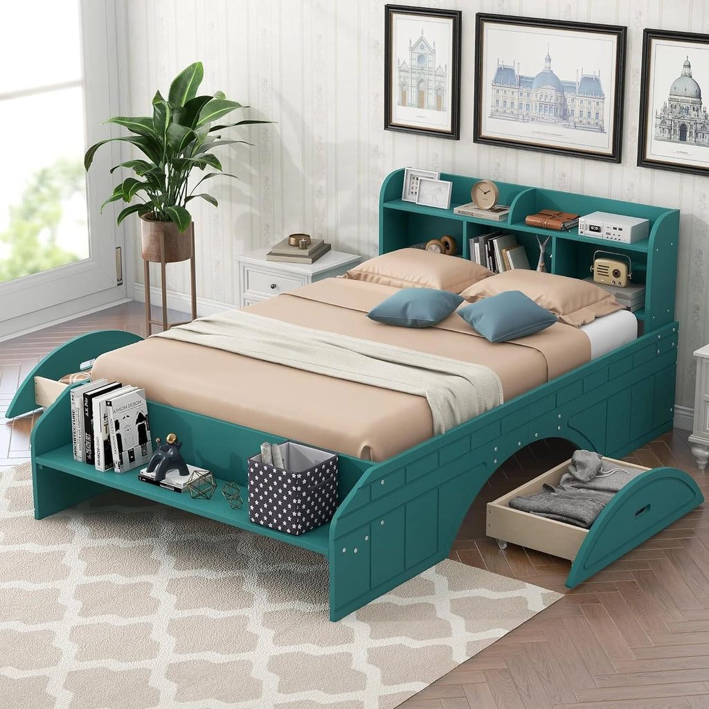 Wood Full Size Platform Bed with Bookcase Headboard and 2 Drawers D61094