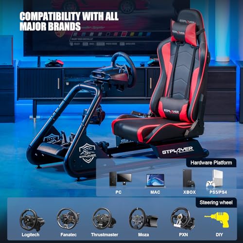 Racing Simulator Cockpit with Seat and Bluetooth Speakers, Alloy Steel Frame (Blue) A719775