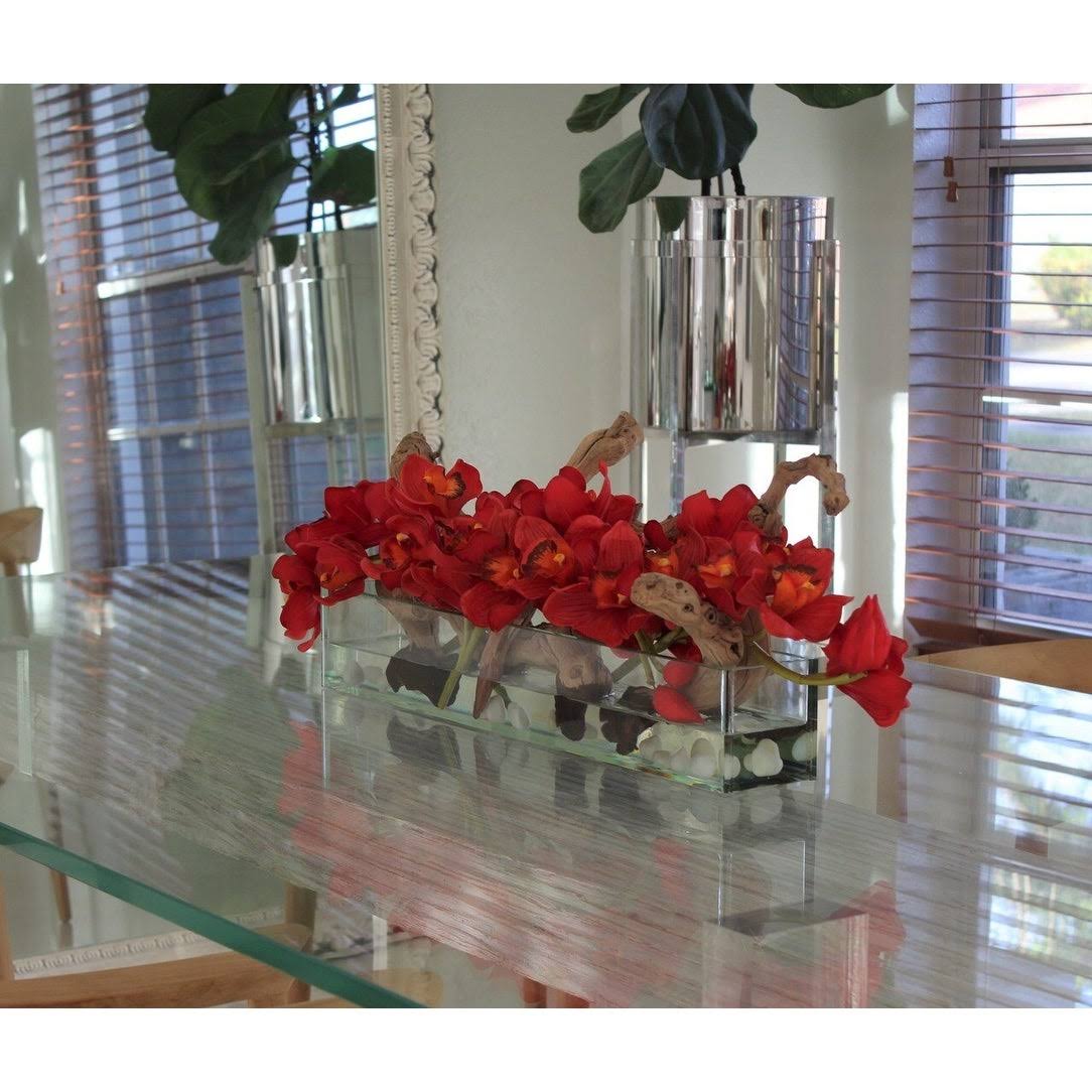 Cymbidium Orchids and Driftwood Centerpiece in Glass Planter Q301557