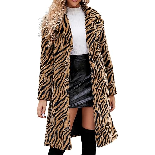 Womens Leopard Print Fleece Faux Fur Long Jacket Overcoat Plus Size Z7824