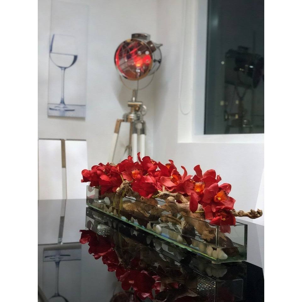 Cymbidium Orchids and Driftwood Centerpiece in Glass Planter Q301557