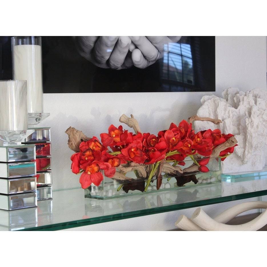 Cymbidium Orchids and Driftwood Centerpiece in Glass Planter Q301557