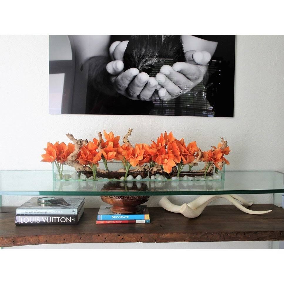 Cymbidium Orchids and Driftwood Centerpiece in Glass Planter Q301557