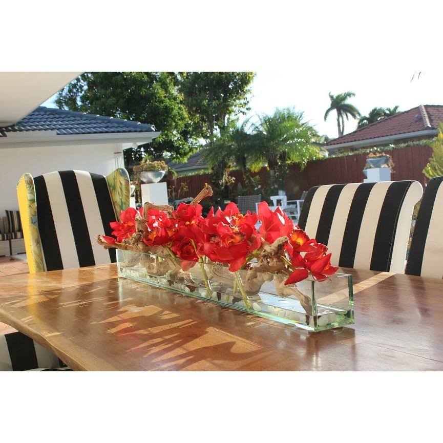 Cymbidium Orchids and Driftwood Centerpiece in Glass Planter Q301557
