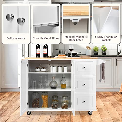 Kitchen Island with Stainless Steel Top, Rolling Kitchen Trolley Cart with Storage Cabinet, 3 Drawers, Towel & Spice Rack N549169
