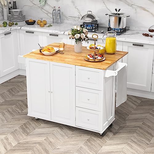 Kitchen Island with Stainless Steel Top, Rolling Kitchen Trolley Cart with Storage Cabinet, 3 Drawers, Towel & Spice Rack N549169