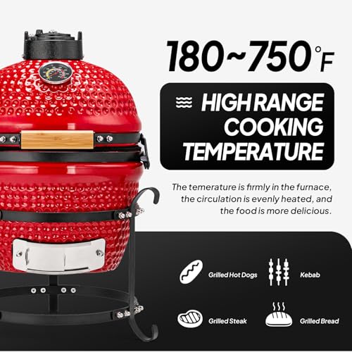 13IN Red Ceramic Charcoal Grill with Inner Liner S3222