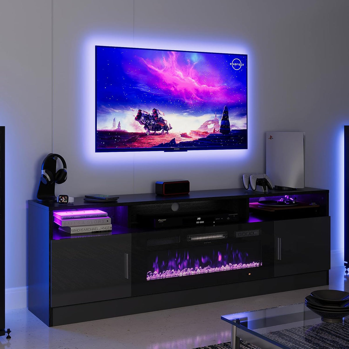 Black 70" Fireplace TV Stand with Electric Fireplace Q24210