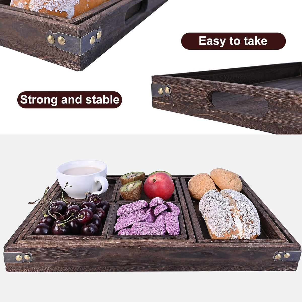 Set of 7 Rectangular Wooden Nesting Serving Trays with Handles G79651