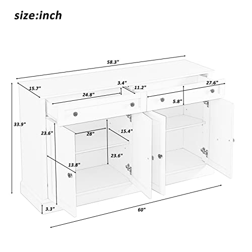 60" White 4-Door Sideboard Buffet with 2 Drawers and Adjustable Shelves W577108
