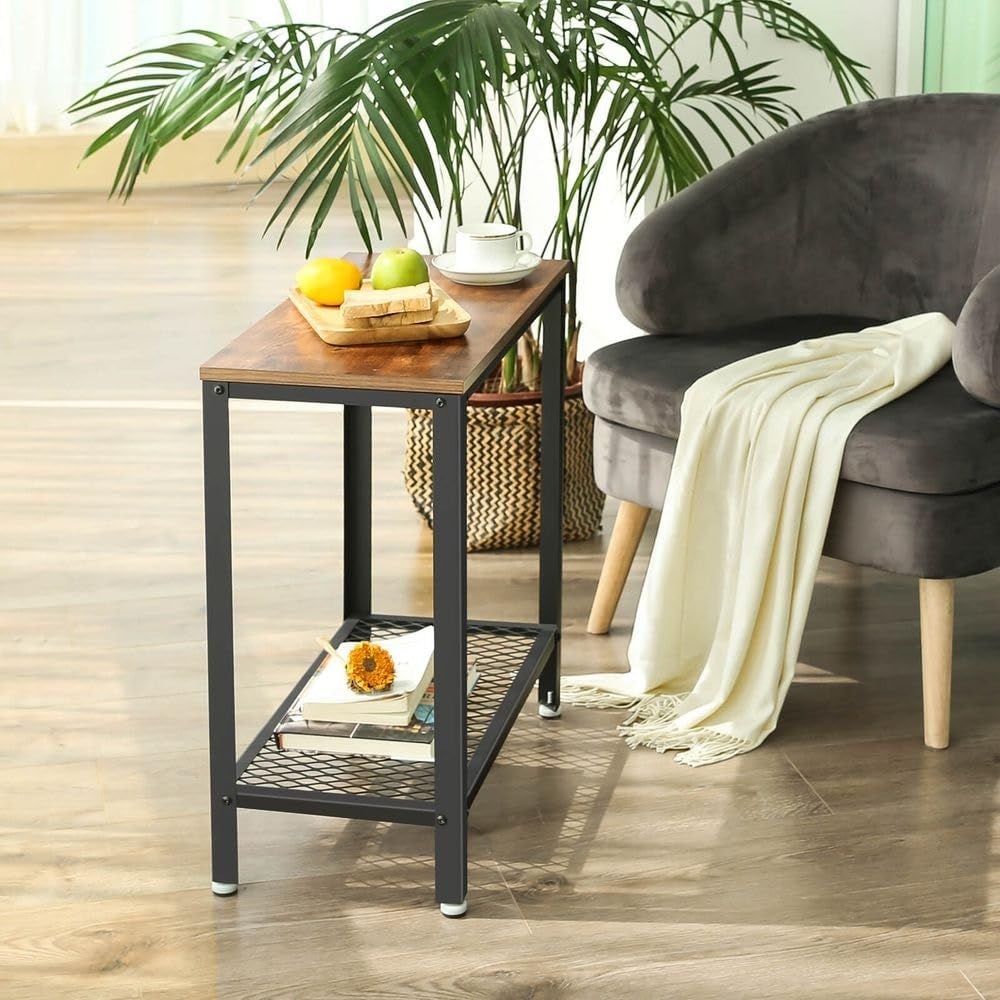 Industrial Rustic Brown Side Table with Mesh Shelf P6521