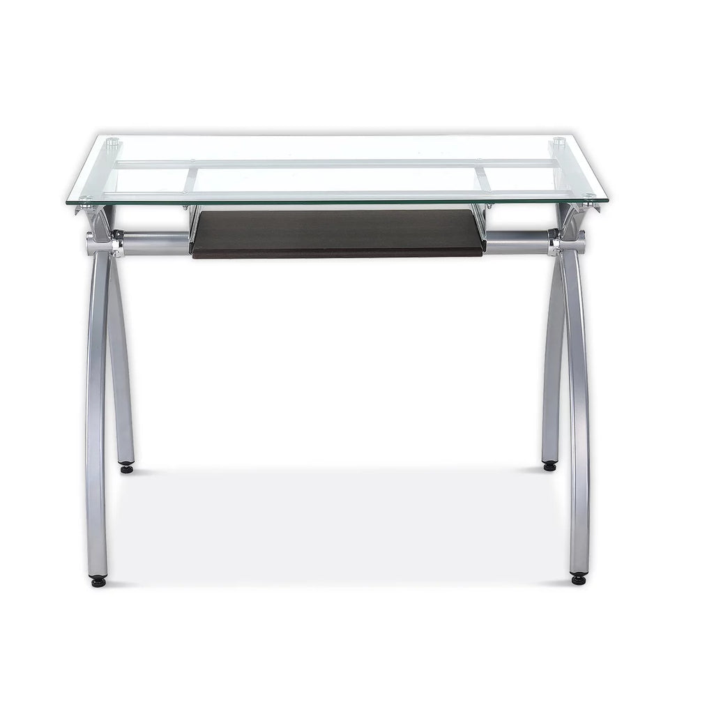 Glass Top Computer Desk with Keyboard Tray & Silver Legs O2607