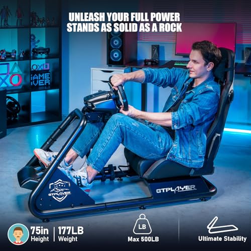 Racing Simulator Cockpit with Seat and Bluetooth Speakers, Alloy Steel Frame (Blue) A719775