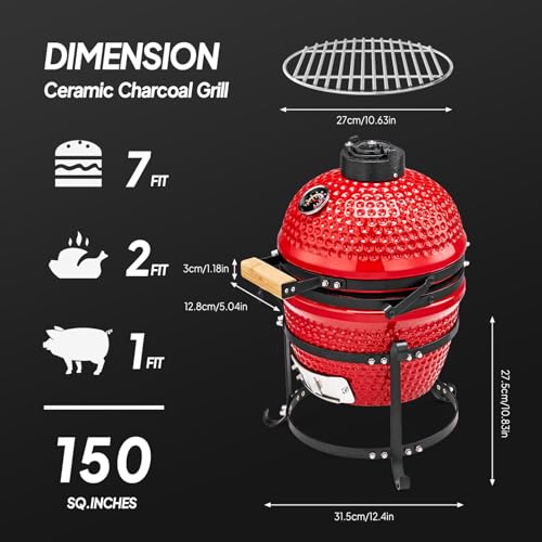 13IN Red Ceramic Charcoal Grill with Inner Liner S3222