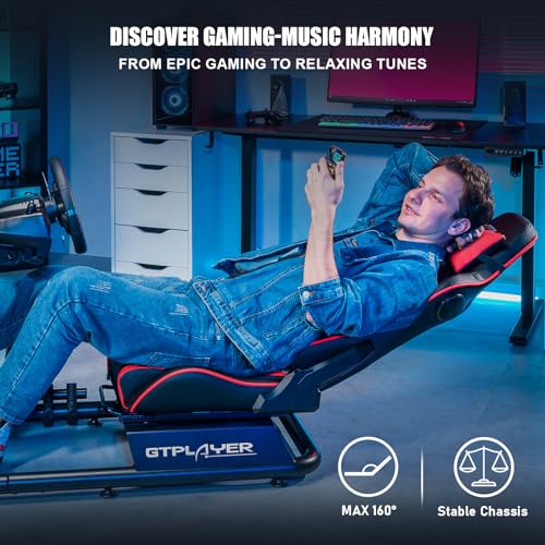 Racing Simulator Cockpit with Seat and Bluetooth Speakers, Alloy Steel Frame (Blue) A719775
