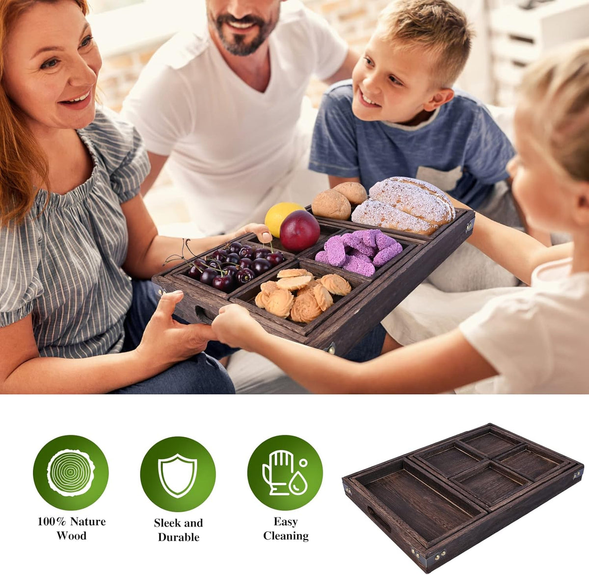 Set of 7 Rectangular Wooden Nesting Serving Trays with Handles G79651