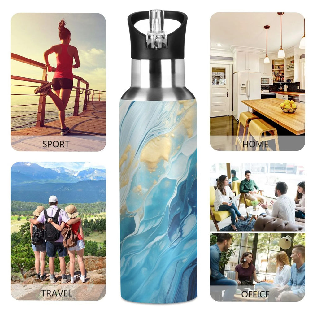 Blue White and Gold Marble Stainless Steel Insulated Water Bottle with Straw Lid M989