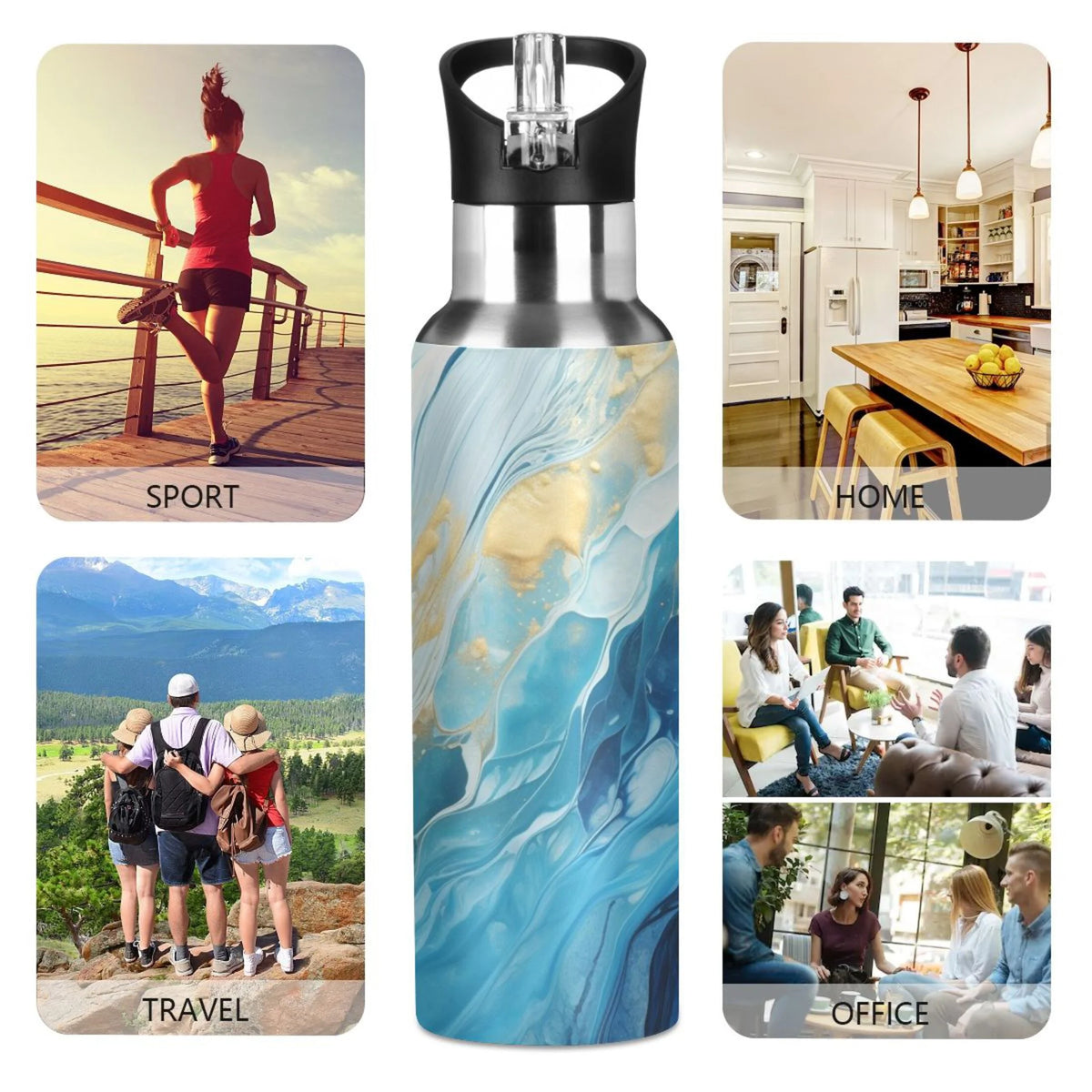 Blue White and Gold Marble Stainless Steel Insulated Water Bottle with Straw Lid M989