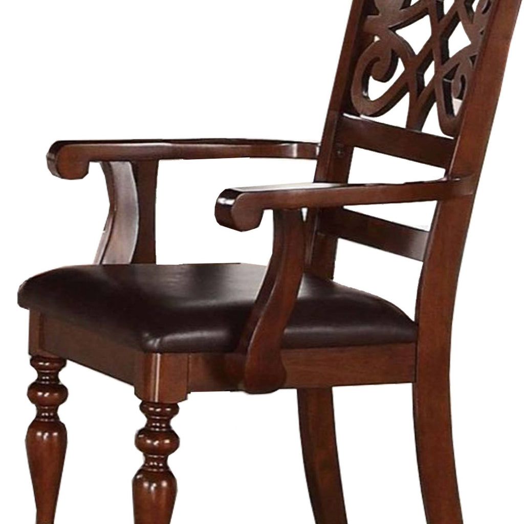 Cherry Brown Wooden Arm Chair with Leatherette Seat, Set of 2 V639125