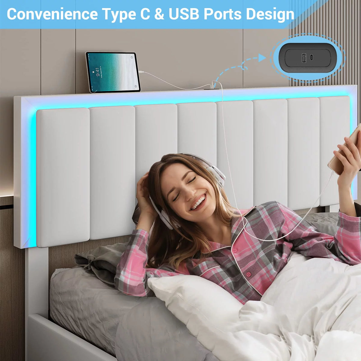 Queen LED Bed Frame with 4 Storage Drawers and USB Ports White O474