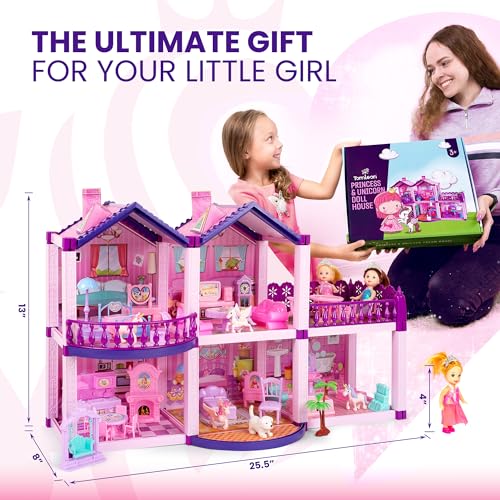 Pink and Purple Dollhouse with 4 Princesses, 4 Unicorns, Dog, Furniture and Accessories R492430