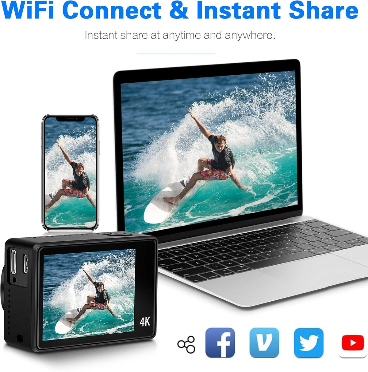 4K Action Camera 50fps 24MP Touch Screen 40M Waterproof WiFi Sport Camera with Remote Control and 32GB Micro SD Card J777974