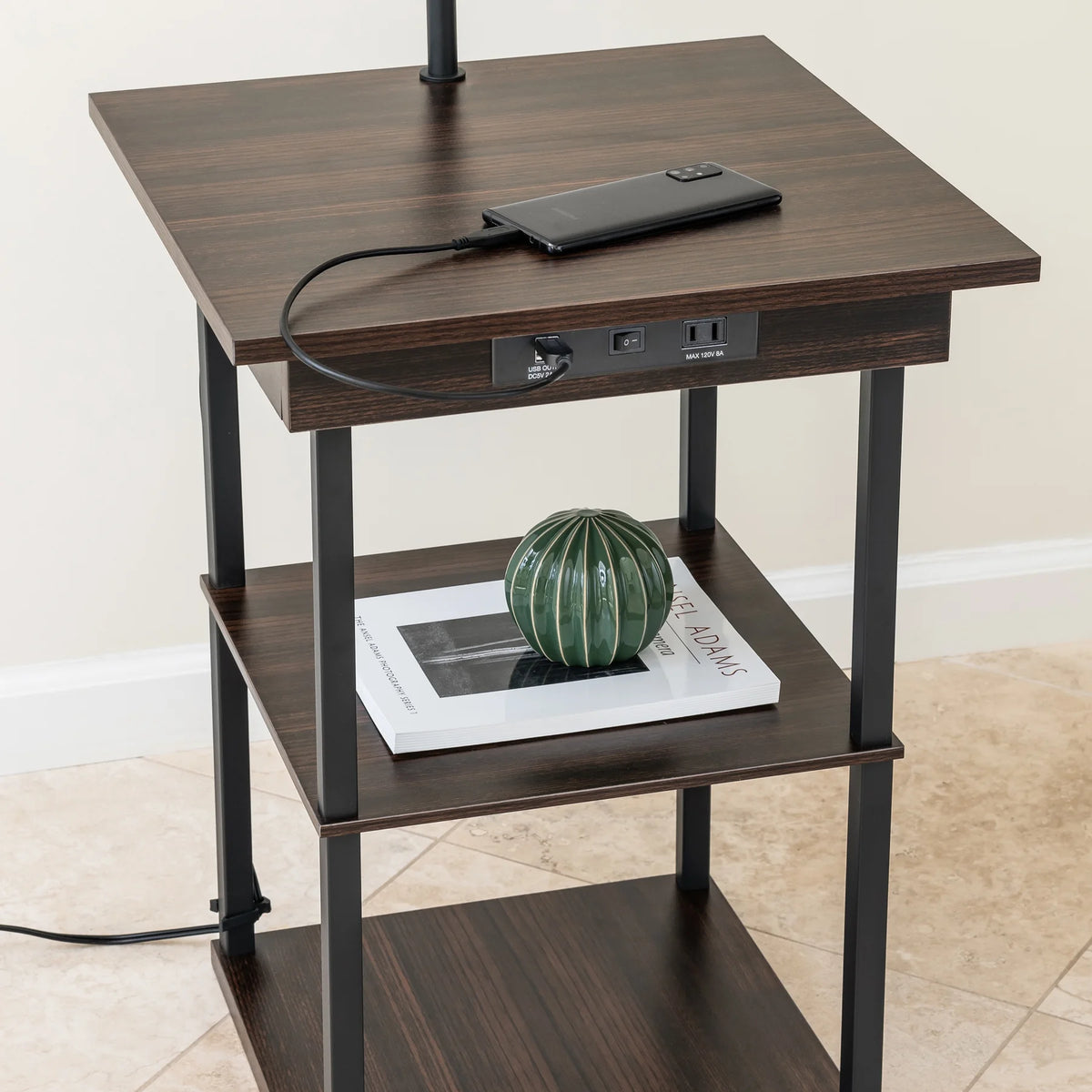 Square End Table with Charging Ports Walnut M9660